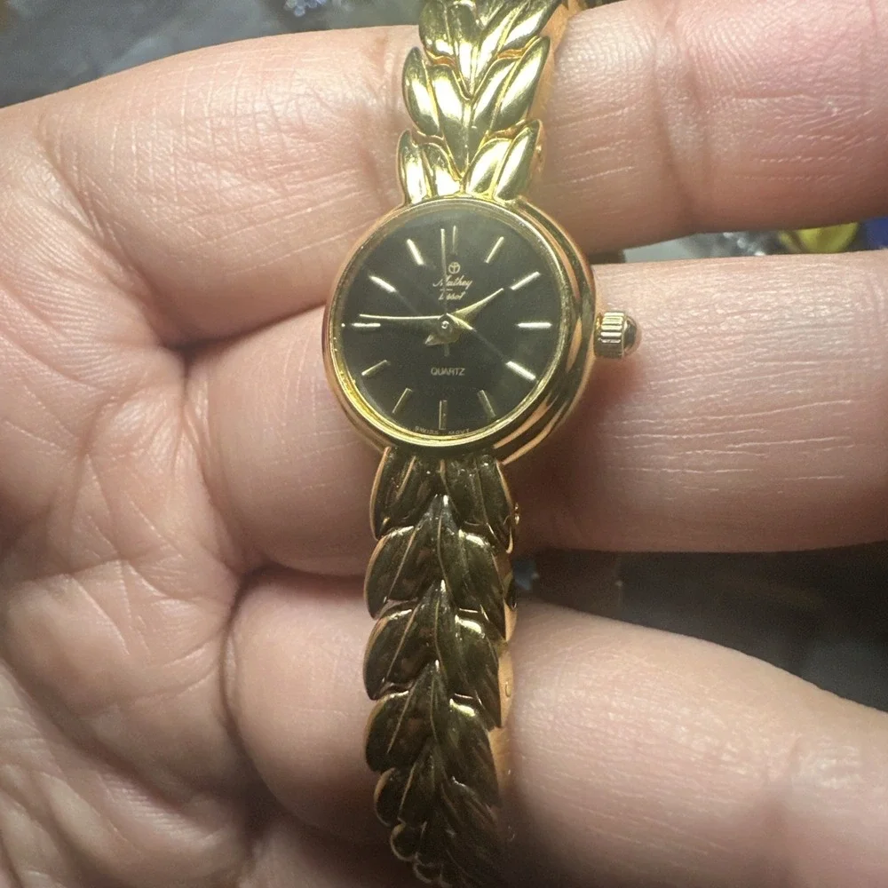 Working VTG Mathey Tissot Swiss 18mm Gold Tone Black Dial WomenS Watch FIT 6.75